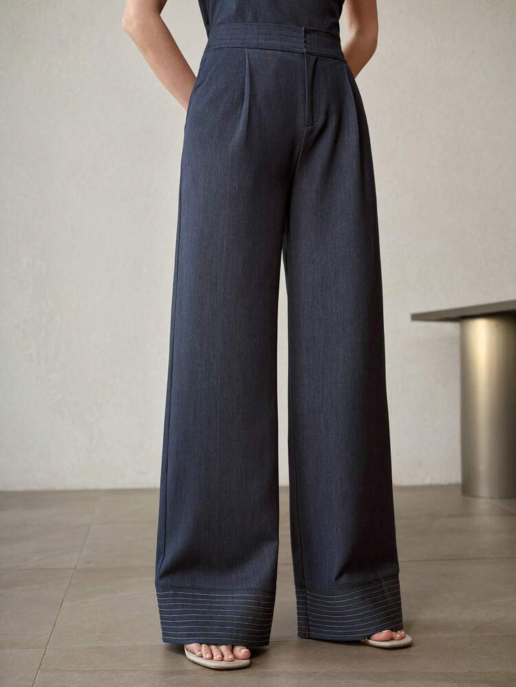 WOMEN'S SOLID FOLD PLEATED WORK WIDE LEG PANTS WITHOUT BELT