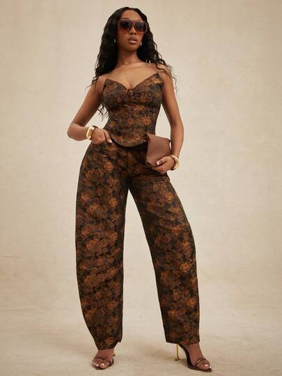 NYA SZN Matching Set Top & Pants Top V Neck Corset Pant Balloon Barrel Leg Loose High Rise Fitted Winter Spring Festive Holiday Valentines Day Going Out Brocade Floral Gold Metallic Special Occasion Floral Brown Black Outfits For Women
