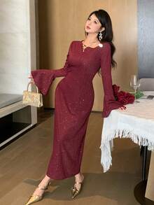 DAZY Romantic Design Oblique Placket Flare Sleeve Fitted Mid-Length Dress For Women, Spring Wedding Guest Dress Maxi Dress Sundress - Burgundy - View 8