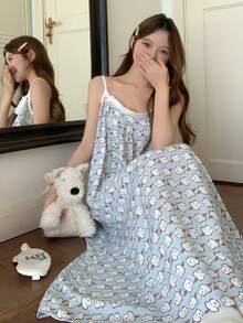 DAZY Happy Dog Cartoon Print Full-Length Slip Dress For Women - Blue - View 4