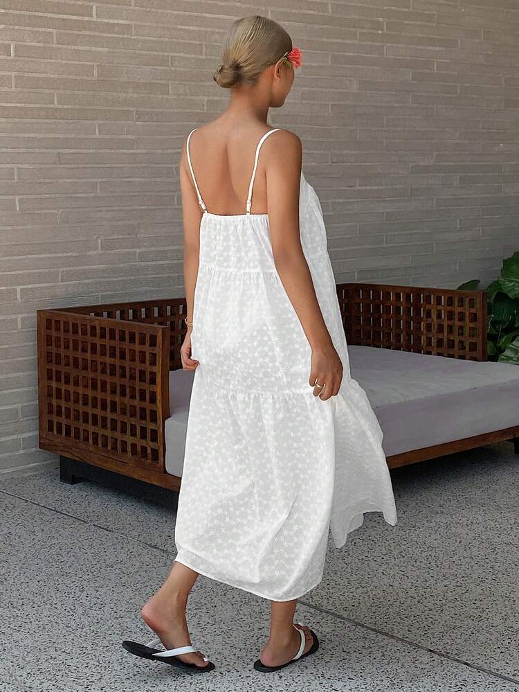 White Romantic Vacation Style Embroidered Fabric Sleeveless Long Women Nightgown