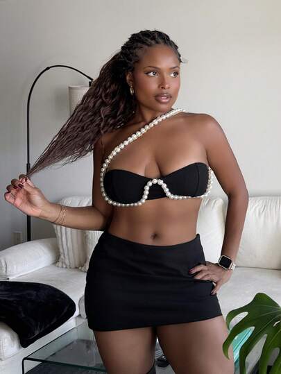 Hauture Pearls Beaded Strap Cross Crop Top