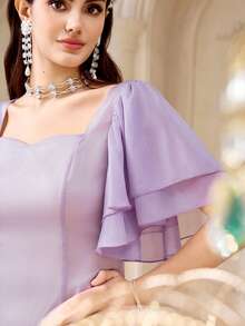 Modelyn Đầm midi tay bồng màu trơn thanh lịch dành cho nữ, thích hợp cho các buổi tiệc và họp mặt. - Màu tím - Xem 7