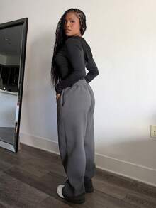 Tyla Gomez Women Casual Loose Solid Color Elastic Waist Sweatpants With Pockets - Dark Grey - View 5