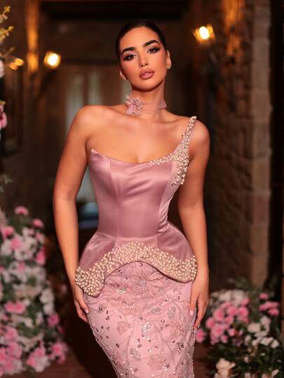 Glamrae Falda de sirena elegante y lujosa con encaje y satén con cuentas de perlas, adecuada para bodas, fiestas, vacaciones, galas y ocasiones formales (con abundantes adornos)