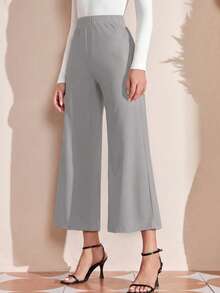 EMERY ROSE Women's Solid Color Elastic Waist Wide Leg Loose Casual Pants Grey Pants - Light Grey - View 5