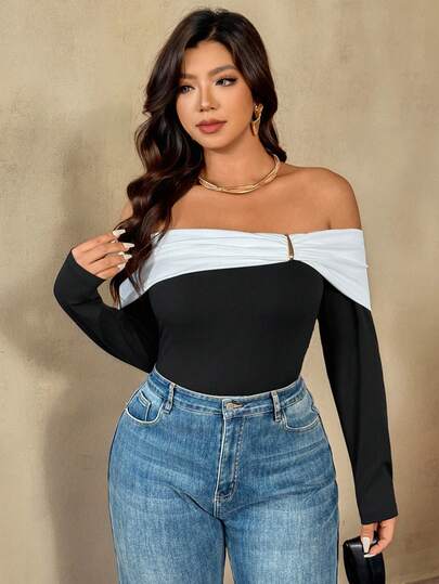 Auralis Plus Size Women's Elegant Chic Vacation Style Contrast Color Ruffle Off Shoulder Long Sleeve Fitted T-Shirt, Spring/Summer/Autumn