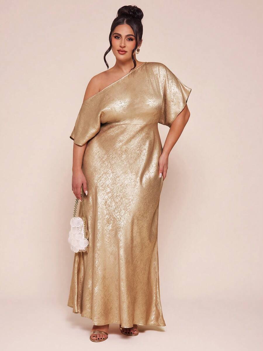 SHEIN BAE 大码女式不对称肩部连衣裙，优雅假日连衣裙 - 金色 - 查看 1