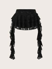 SHEIN PETITE Chân váy ren sóng cạp thấp dáng suông phối cùng quần short ngắn để che chắn hở hang, thích hợp cho kỳ nghỉ, phong cách bohemian, tiệc tùng, lễ hội. - màu đen - Xem 8