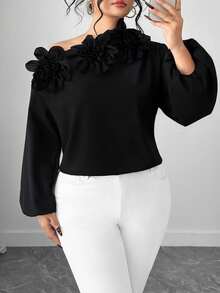 Elenzga بلوزة نسائية كبيرة الحجم بأكمام طويلة ذات كتف مائل مزينة بزخارف زهرية ثلاثية الأبعاد بلون أحادي - الأسود - مشاهدة 4