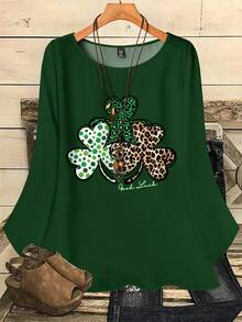 Mellowie 大码女式休闲豹纹四叶草印花宽松圆领七分袖衬衫，适合度假穿着 - 彩色 - 查看 1