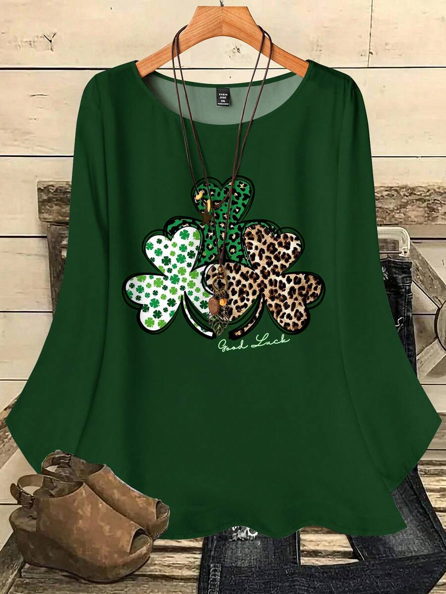 Mellowie 大码女式休闲豹纹四叶草印花宽松圆领七分袖衬衫，适合度假穿着 - 彩色 - 查看 1