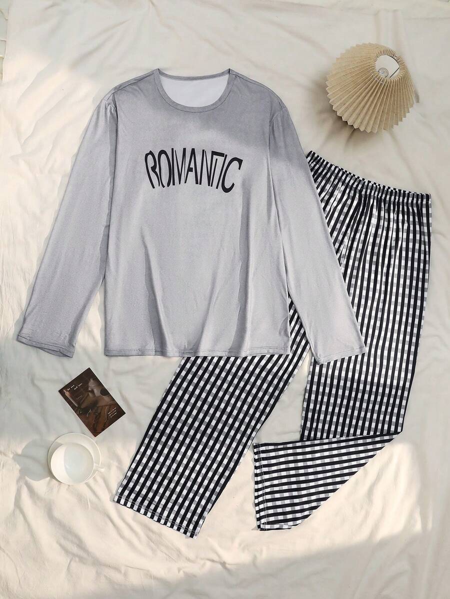 Manfinity Underwear&Sleepwear Basics Plus Size Blue Plaid Crew Neck Long Sleeve Pajama Set - Grey - View 1