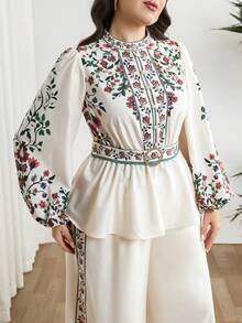 Modelyn Plus Size Elegant Floral Print Ruffle Hem Lantern Sleeve Top And Pants 2 Pieces Set, Autumn Modest Outfits For Women 2 Pieces Latest Outfit For Women - Multicolor - View 6