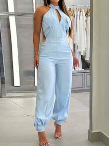 INAWLY 休闲性感挂脖开衫上衣和抽绳腰部工装裤两件套 - 淺藍色 - 查看 2