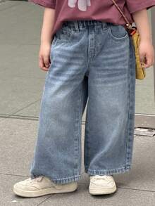 Young Boy Elastic Waist Pockets Wide Leg Loose Casual Versatile Jeans - Blue - View 2
