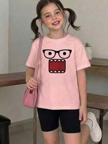 2件套少女休闲眼睛图案印花短袖T恤和短裤套装，适合夏季穿着 - 彩色 - 查看 1