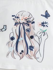 SHEIN 2件組少女白色短袖上衣與可愛花卉背印百褶迷你裙套裝 夏季童裝 T恤牛仔印花 7歲生日 - 藏蓝色 - 查看 8