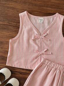 Emery Rose Kids Emery Rose Kids 2pcs Young Girl Woven Striped Crew Neck Top And Woven Shorts Set - Baby Pink - View 5