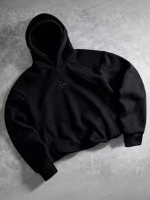 PAVTROS Sudadera con capucha casual de parches dobles para hombres, ropa urbana, holgada, gráfica, a juego, amigos, amo a mi novio, estilo callejero, parejas, diseño estructural, patrón bordado, doble gorro - Negro - Ver 4