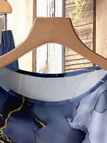 SHEIN Clasi 休闲简约风蓝色仿箔抽象花卉图案女式衬衫配蝴蝶结和宽松直筒蓝色长裤两件套，适合秋冬季节，复古风 - 彩色 - 查看 5