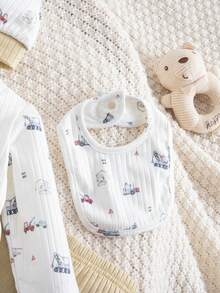 Newborn Baby Boy/Girl Casual Cute Cartoon Pattern Knit Long Sleeve Top, Pants, Bib 3pcs Set - Multicolor - View 3