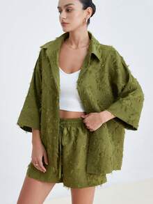 Aveloria Modichic Casual Semester Mångsidig Jacquard Tassel Tyg Design Lapel Button Lös Skjorta & Resårmidja Dragsko Shorts Set, Grön, Lämplig För Semester, Picknick, Pendling - Grön - Visa 5