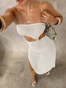 Breezaya 女士针织半透明不对称海星开衩连衣裙，米色 - 米色 - 查看 8