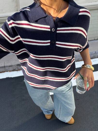 Muchica 女士条纹 Polo 领宽松针织短袖毛衣