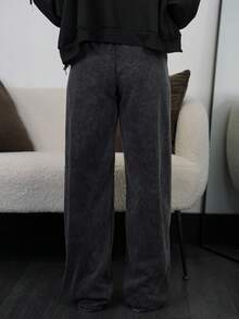 SAYEHFBABY Dambyxor med raka, avslappnade träningsbyxor med låg midja, lämpliga för sommaren, tvättade - Svart - Visa 2