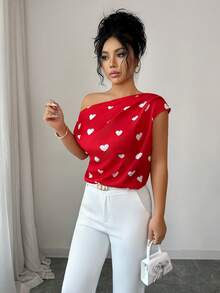 Rafferiza Women's Chic Red Heart Print Off-The-Shoulder Short-Sleeved Blouse,Summer Red And White Gathered Top For Party,Vacation,Valentine's Day & Casual Wear - Red - View 6