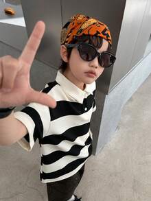 DAZY Tween Boy Casual Striped Quarter Button Short Sleeve T-Shirt, Summer - Black and White - View 7