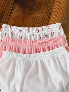 SHEIN 3件套女婴甜美针织提花花卉图案吊带背心和荷叶边短裤套装，适合度假和日常休闲穿着 - 粉色 - 查看 8
