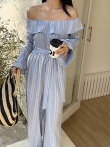 DAZY 女士度假风拼接荷叶边条纹单肩喇叭袖阔腿连体裤 - 藍色 - 查看 4