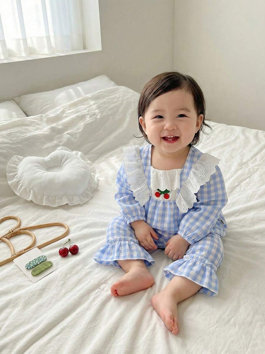 Baby Girls' Fashion Blue & White Patch Elegant Lace Cute Cherry Print Puff Sleeve Long Sleeve Top Paired With Ruffle Hem Pants 2 Piece Pajama Set 2pcs Set Toddler Girls Cute Toddler Sets Baby Clothes Girl Flounce Sleeve Checkered Baby Clothes - Blue and White - View 1