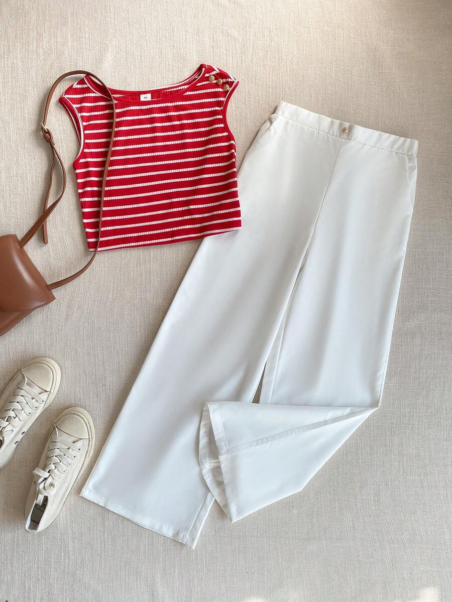 PrepCrw 2pcs Tween Girls Elegant Urban Preppy Casual Classic Red & White Striped Comfortable Scoop Neck Tank Top And Blue Pants Set, Suitable For Back To School, Casual Outings, Trips, Gatherings, Holiday Parties, Autumn And Winter - Multicolor - View 1