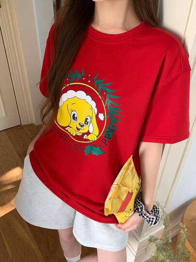 DAZY 可爱圣诞卡通狗印花女士睡衣套装