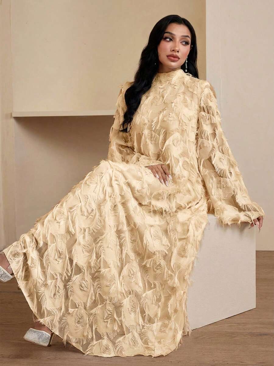 Veilorie 女士优雅派对纯色流苏喇叭袖阿拉伯风格连衣裙 - 卡其色 - 查看 1