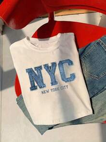 Resyla Women's Casual Letter Print Round Neck Short Sleeve Cropped T-Shirt, Summer - White - View 3