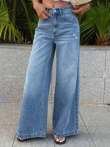 DAZY 女士常规腰围宽松直筒休闲牛仔裤 - 中等水洗藍 - 查看 6