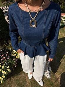 DAZY Women's Boat Neck Cinched Waist Waist Ruffle Hem Elegant Pullover Denim Top - Medium Wash - View 6