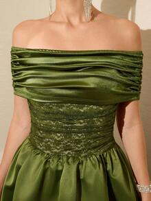 Poshira Women's Lace Patchwork Ruffle Off-Shoulder Elegant Cocktail Party Dress - Green - View 8