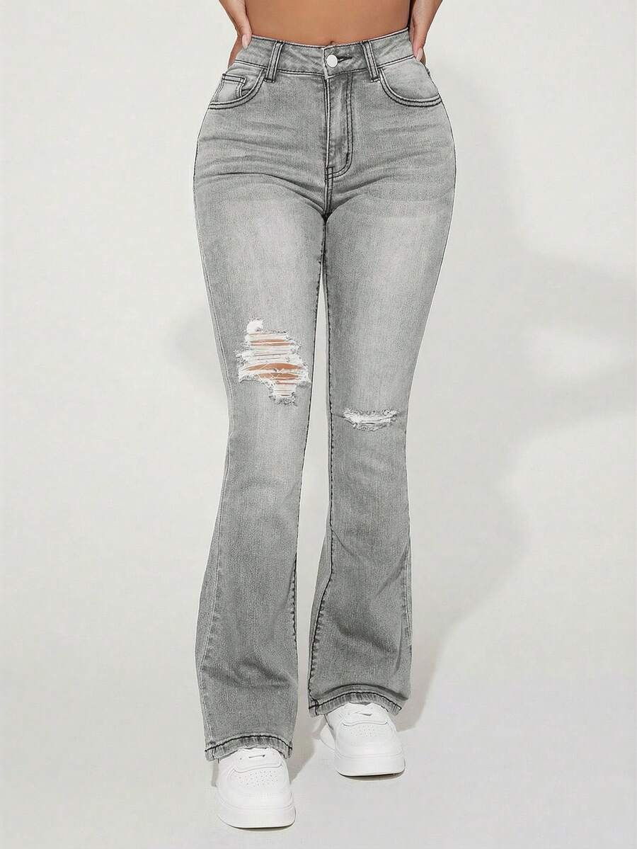 SHEIN PETITE Women's High Waist Pocketed Casual Versatile Flared Distressed Denim Jeans - Light Grey - View 1