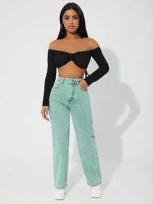 SHEIN PETITE High Waist Slant Pocket Casual Versatile Denim Jeans - Green - View 3