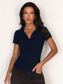 Glamine Polo领纽扣短袖修身运动风简约女式T恤 - 藏蓝色 - 查看 7