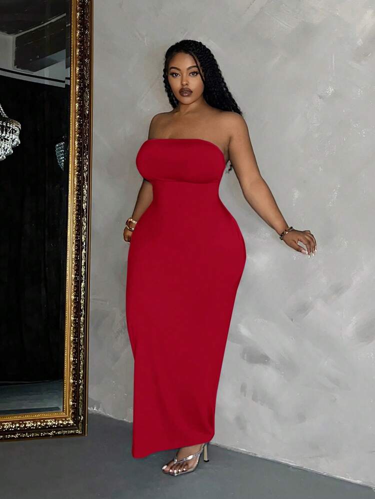 plus size bodycon tube dress Slaydiva Elegant Red Knitted Strapless Long Dress Plus Size its flattering knee