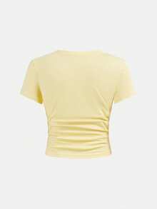 SHEIN Girlism 少女修身休闲圆领短袖T恤，侧边褶皱设计，附赠发圈 - 芥末黃 - 查看 7