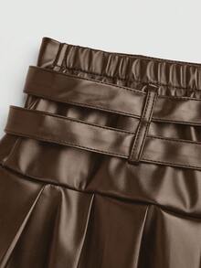 SHEIN Sweetro 大码女式PU皮A字褶皱迷你裙，学院风 - 棕色 - 查看 5