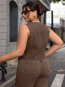 SHEIN Essnce Plus Size Plain Simple Sleeveless Denim Jacket, Casual Everyday Wear - Brown - View 2
