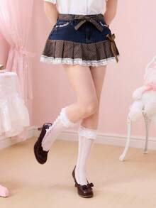 ROMWE Kawaii 女士波点撞色蕾丝边饰腰带褶裥牛仔迷你裙 - 深色水洗藍 - 查看 7